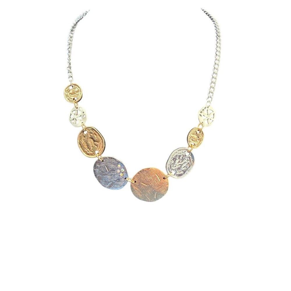 Mixed Metal Coin Necklace W/ Textured Discs & Rhinestone Accents 23" Chain Lobst